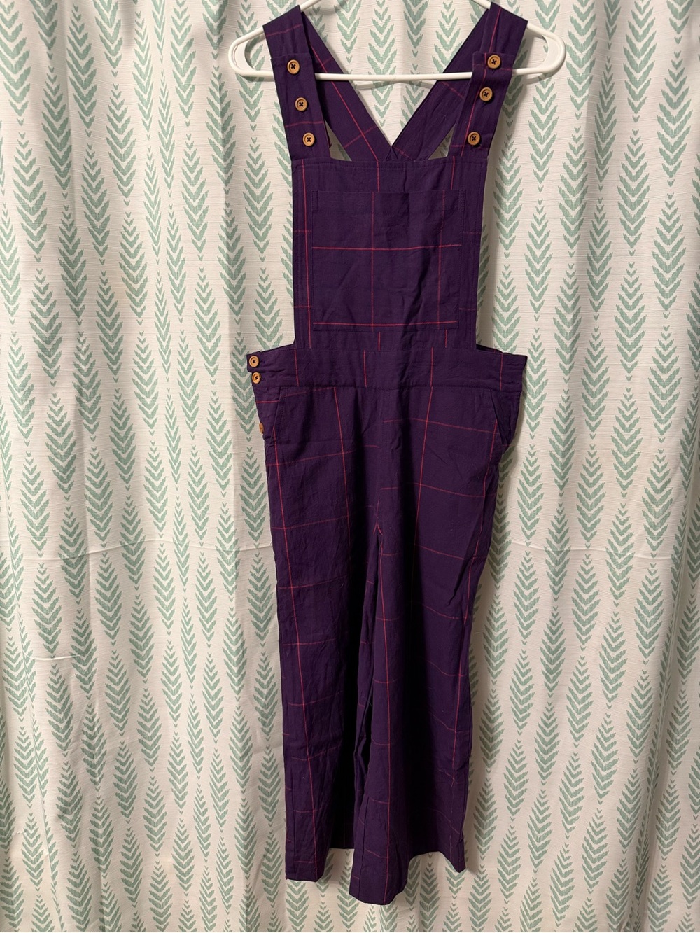 Purple Plaid Wide-Leg Button-Strap Jumpsuit